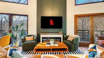 Smart TV, fireplace, video games, books