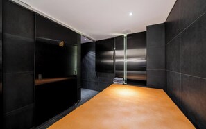 Hair dryer, slippers, towels, shampoo
