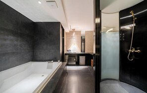 Hair dryer, slippers, towels, shampoo