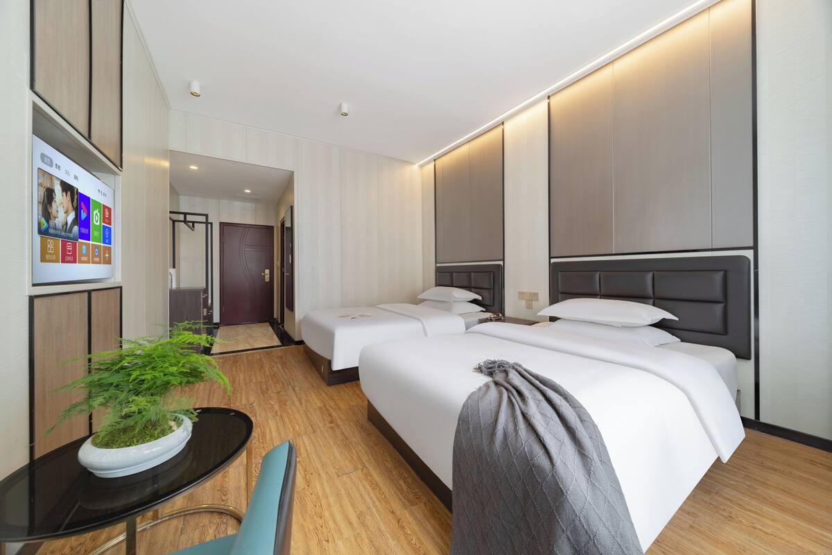 Quarto de hotel com cama, mesas de cabeceira, televisão e planta em vaso.