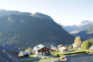 A mountain village with traditional wooden houses, a small road, and a clear view of the surrounding forest and mountains.
