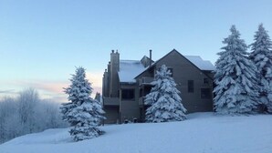 Un edificio de dos pisos con techo inclinado, rodeado de árboles cubiertos de nieve.
