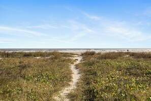 A sandy path leading to a beach with sparse vegetation and a clear sky.