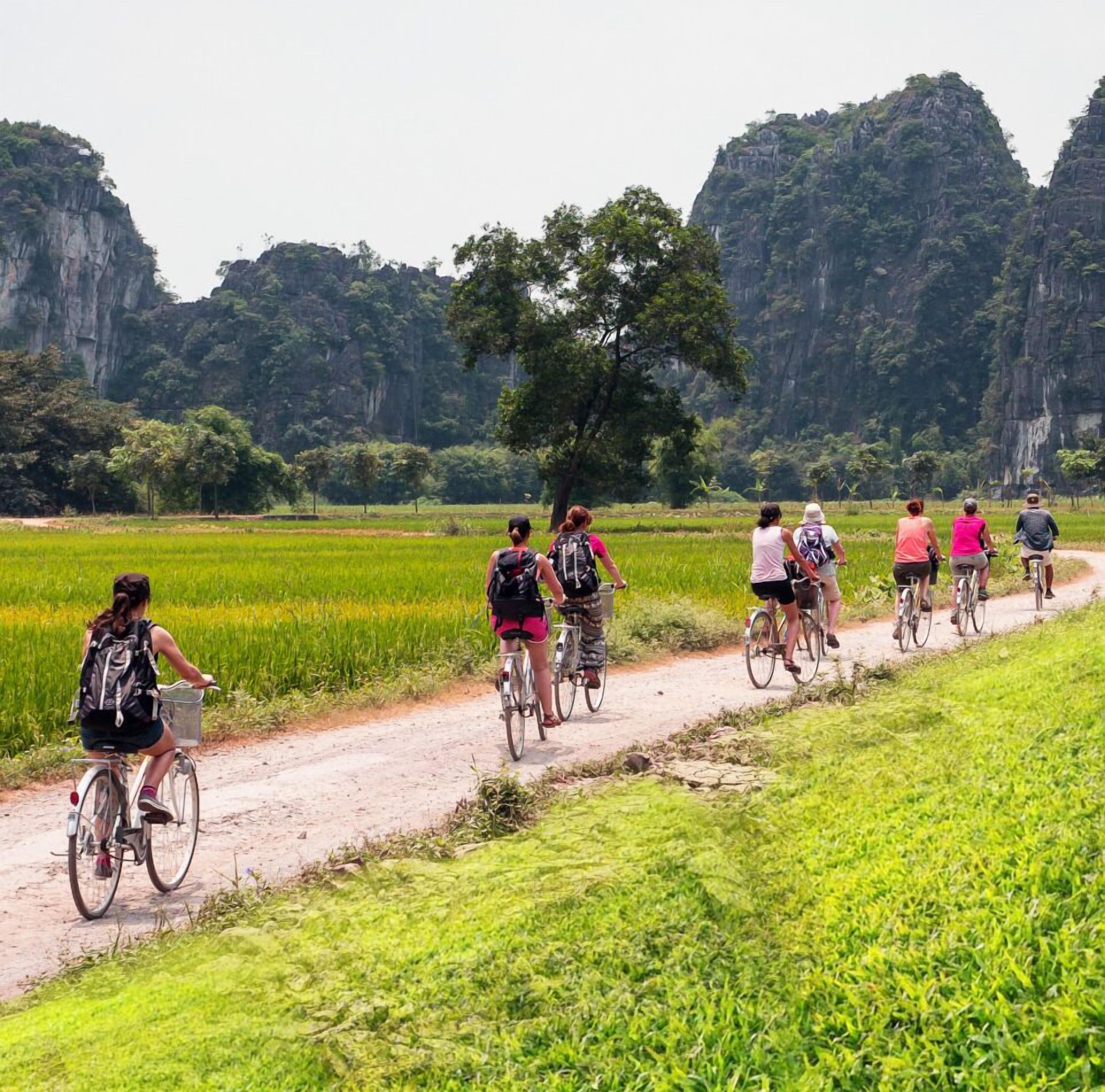 A group of people cycling on a dirt path through a green landscape with a large tree and cliffs in the background.