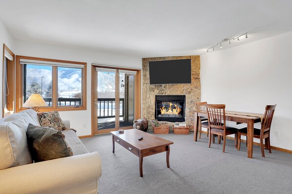 Smart TV, fireplace, books