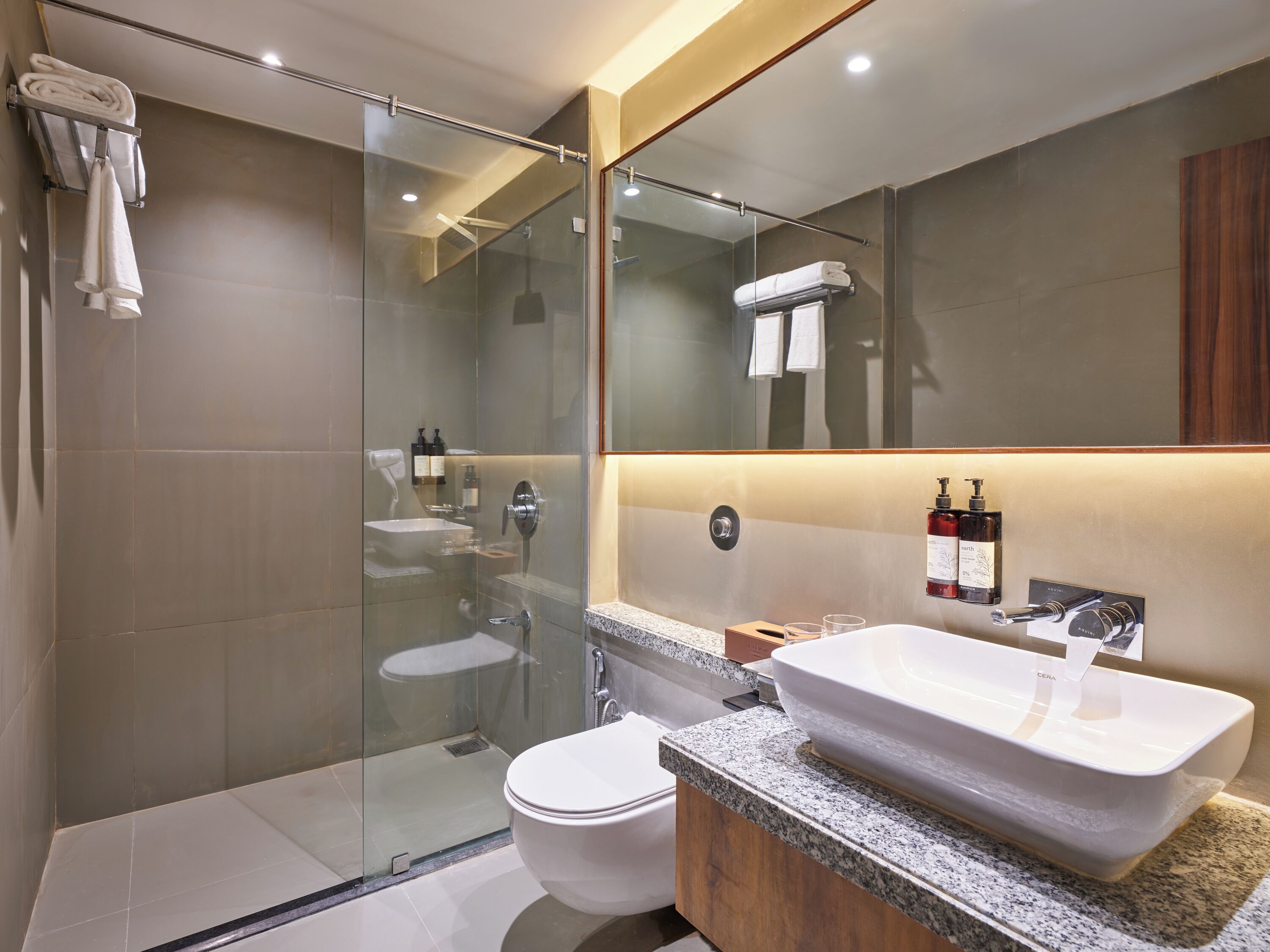 A modern bathroom with a glass-enclosed shower, a white toilet, and a large sink with a wooden vanity.