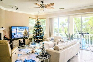 Smart-TV, Kamin, Bücher, Stereoanlage