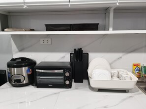 Fridge, oven, stovetop, cookware/dishes/utensils - Samong Transient House (Imus)