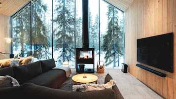 Televisie, een open haard en een stereo