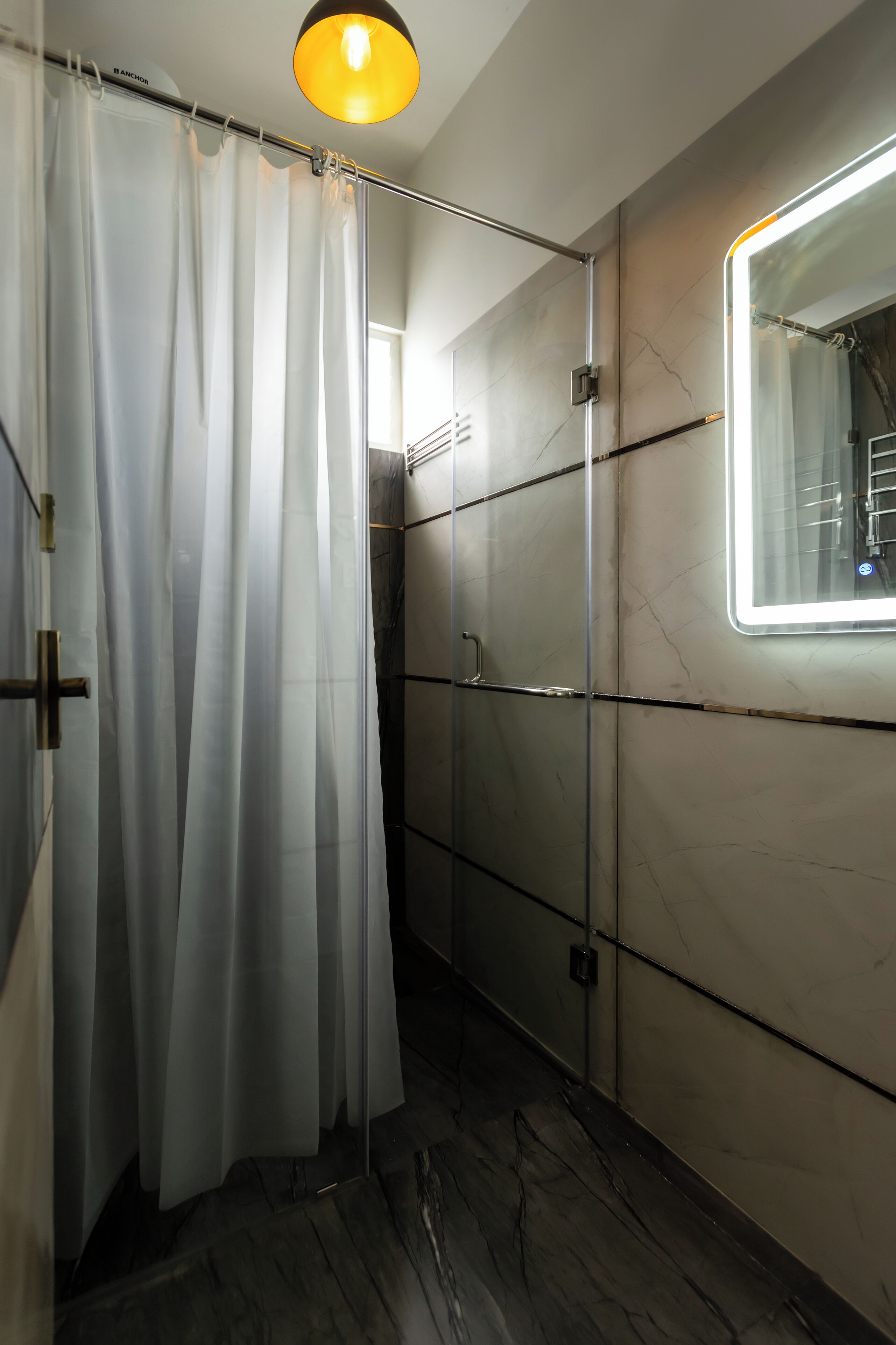 Shower, towels, soap, shampoo