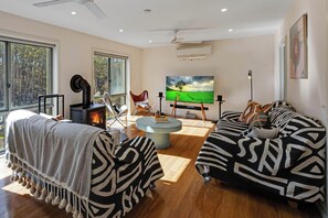 Smart TV, fireplace, video games, books