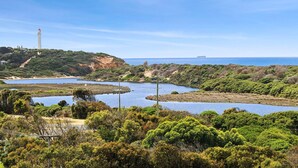 Paisagem costeira com farol, diversas extensões de água e vegetação densa.
