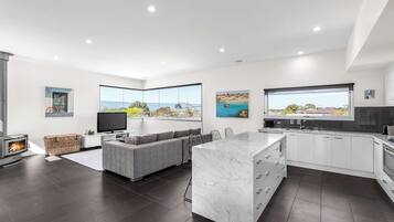 Télévision, cheminée, livres, espaces bureaux