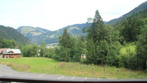 Vista dall'interno di un veicolo su un paesaggio rurale con una casa, una strada e una zona boschiva.