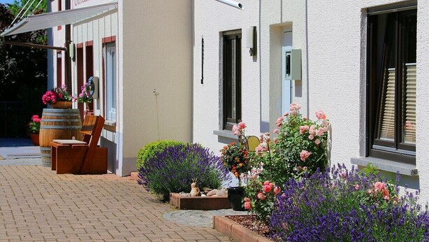 Un edificio con un letrero que dice 'Gasthof Hohenheim', un acceso pavimentado, mesas en la terraza y macetas con flores.