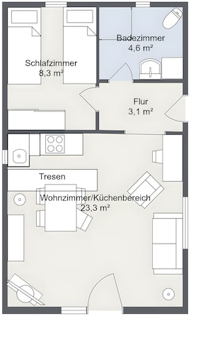 Plano de planta de un hotel que muestra un dormitorio (8,3 m²), un baño (4,6 m²), una sala de estar/comedor (23,3 m²) y una terraza (3,1 m²).
