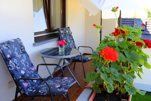 Un patio con dos sillas, una mesita y una maceta con flores rojas.