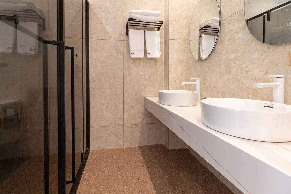 Hair dryer, slippers, towels, shampoo