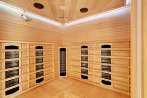 A sauna room with wooden walls and benches.