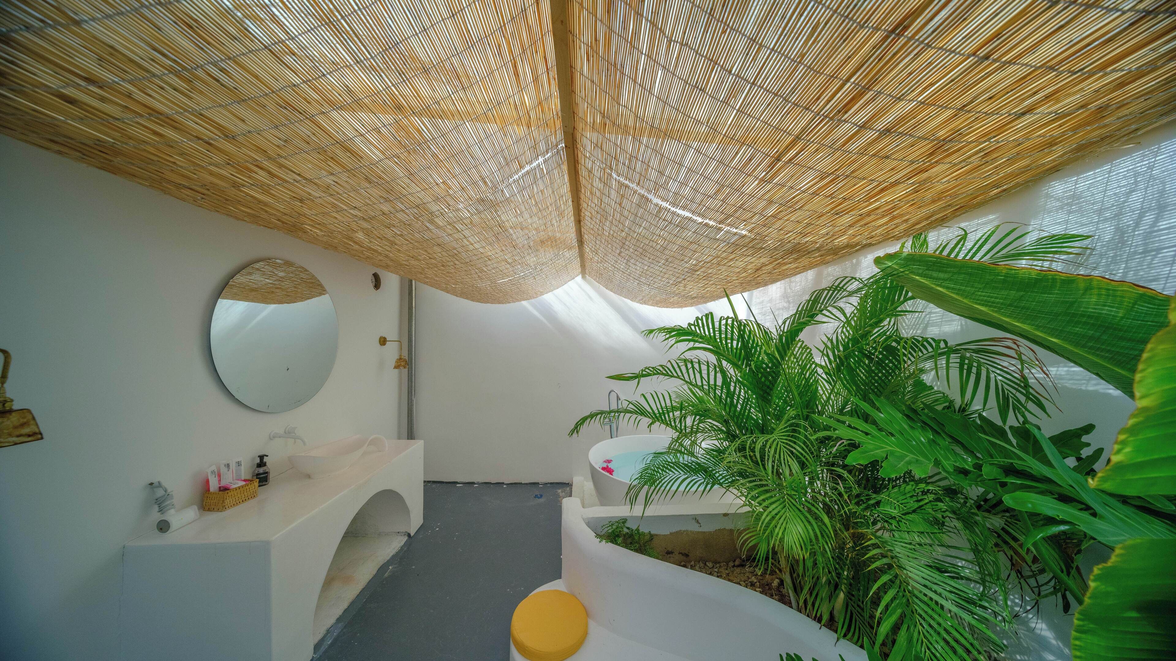 Un baño con un espejo redondo, un lavamanos blanco y una pequeña planta.