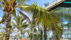 A beachside bus with palm trees and beach chairs in the background. - harbor Surf Hotel (Wanning)