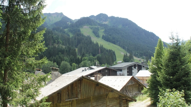 Eine Holzhütte mit geneigtem Dach, umgeben von dichtem Wald und Bergen im Hintergrund.