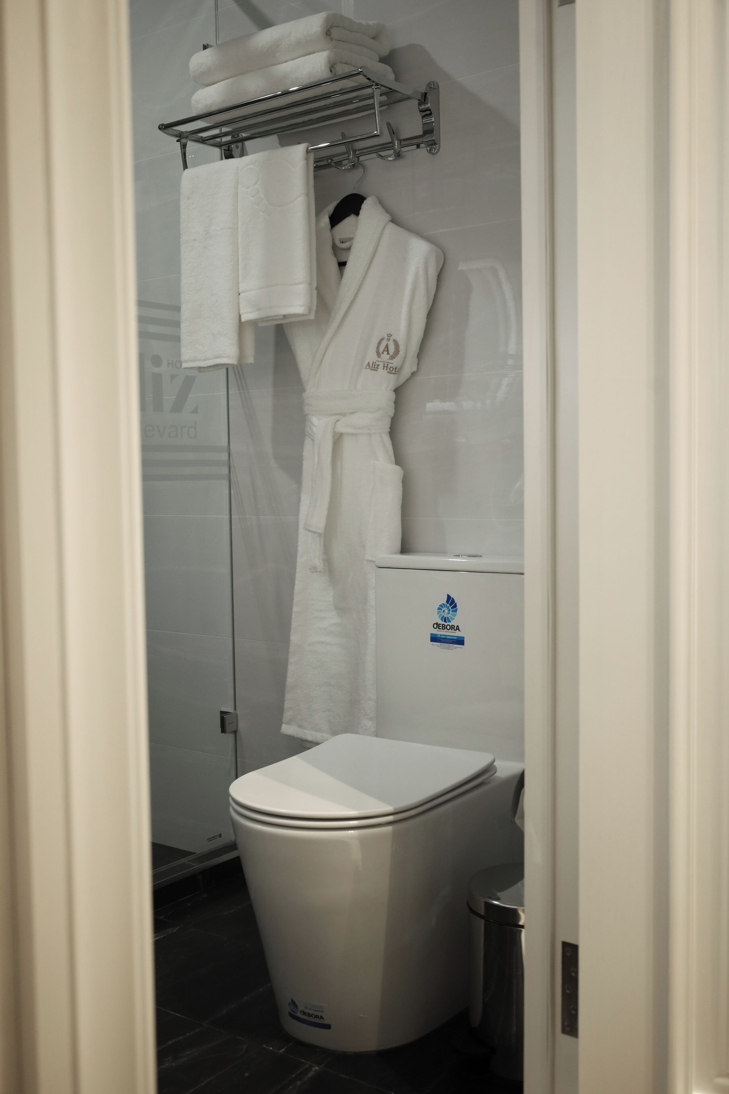 A bathroom with a white toilet, a glass shower enclosure, and a towel rack with folded towels.