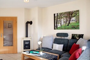 Un salon avec un canapé, une table basse, un tableau et un poêle à bois.