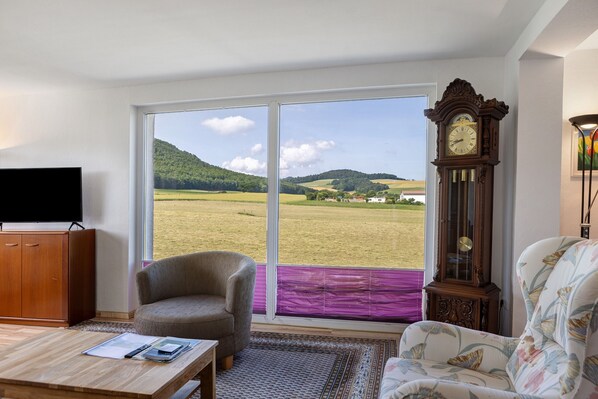 A living room with a television, a chair, a coffee table, a clock, and a view of a green landscape through large windows.