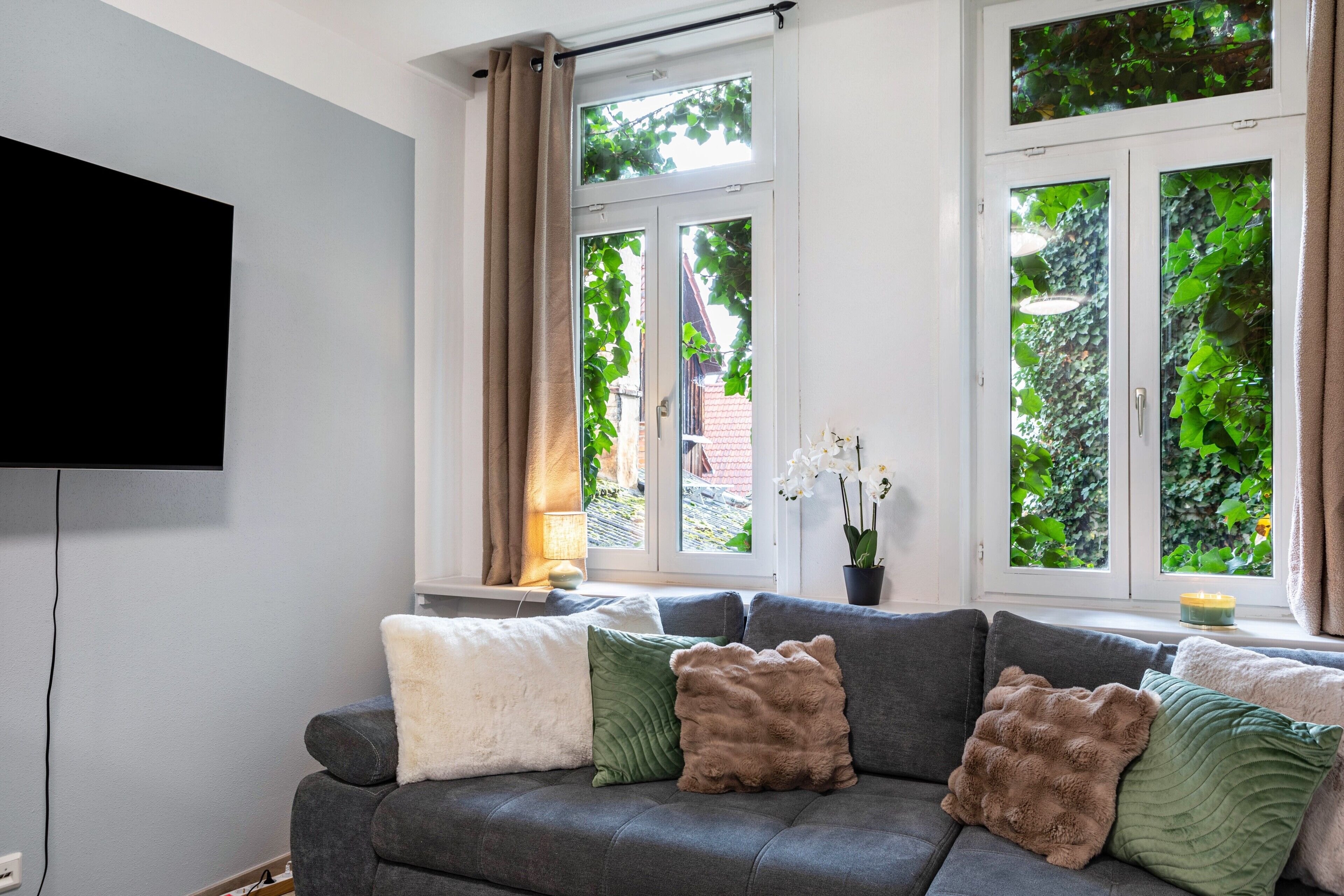 A living room with a grey sofa, a flat-screen TV mounted on the wall, and a window with curtains.