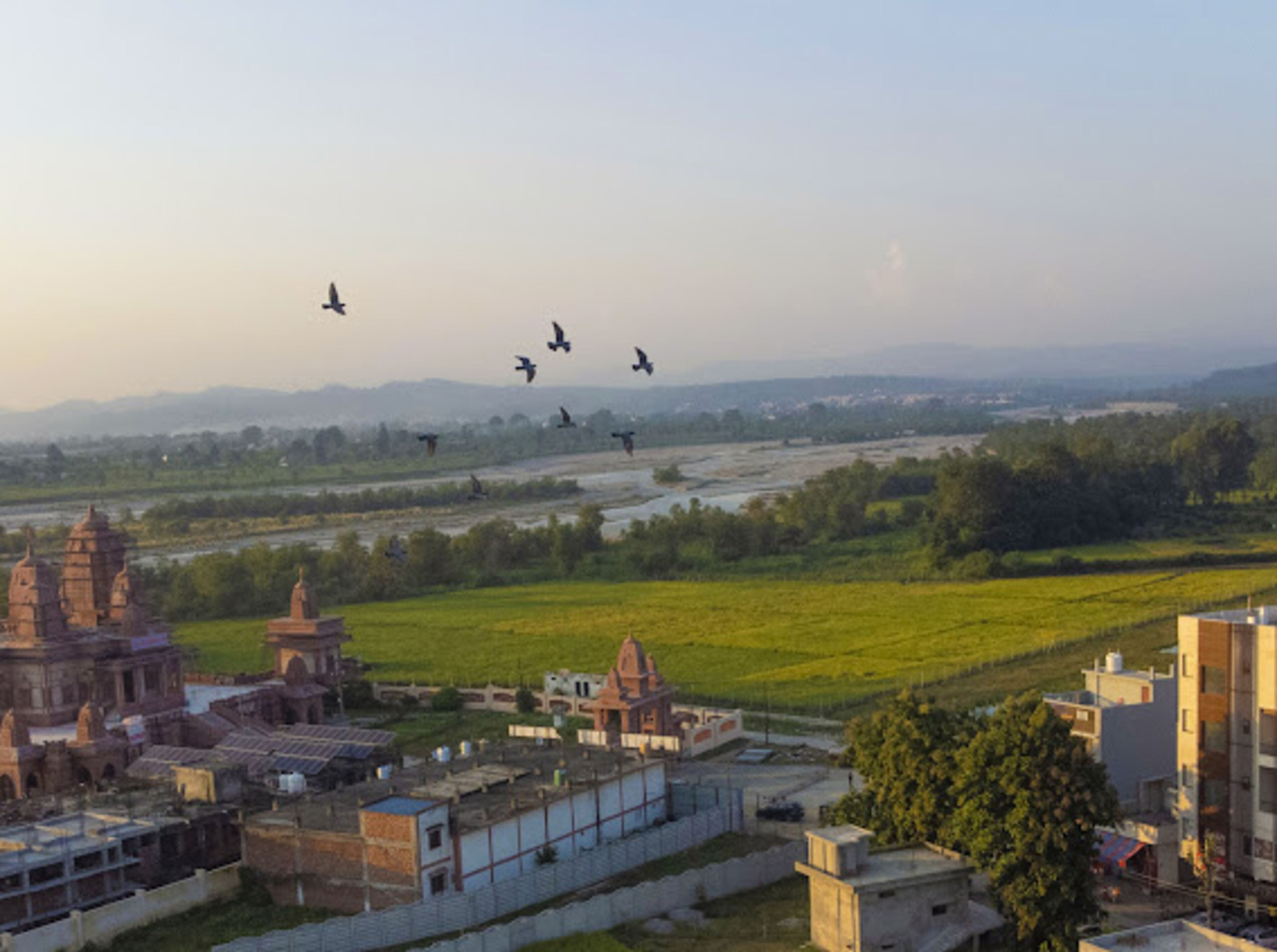 A view of a temple complex with multiple structures, surrounded by green fields and a river.