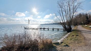 Un sendero junto al lago con un muelle de madera que se adentra en el agua, rodeado de árboles y un cielo despejado.