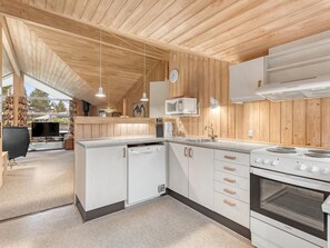 Fridge, microwave, dishwasher, cookware/dishes/utensils