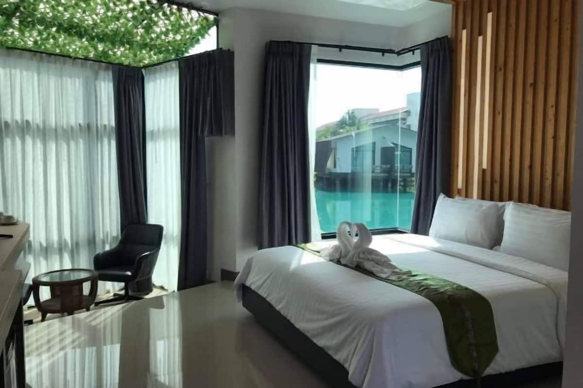 Desk, laptop workspace, blackout curtains, free WiFi
