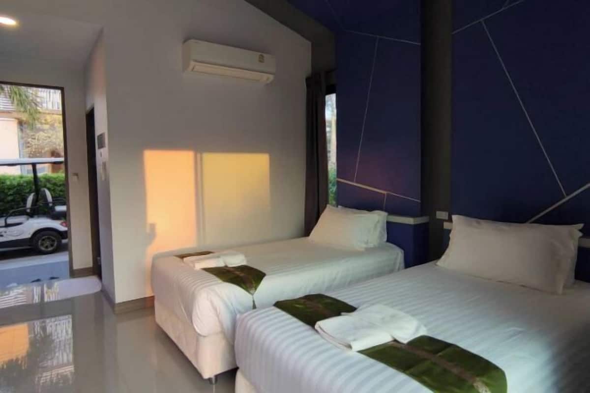 Desk, laptop workspace, blackout curtains, free WiFi