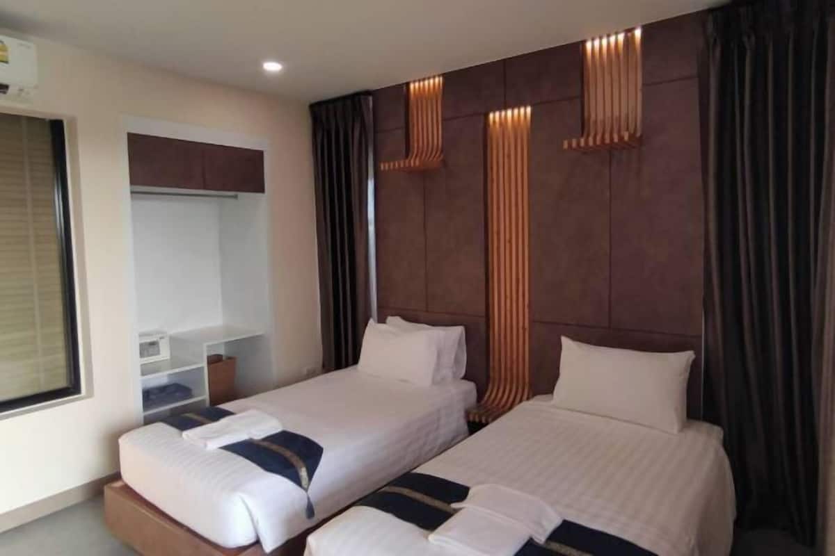 Desk, laptop workspace, blackout curtains, free WiFi