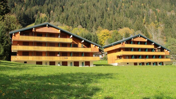 Un hotel de estilo chalé con balones varios, ubicado en una zona montañosa con un prado en primer plano.