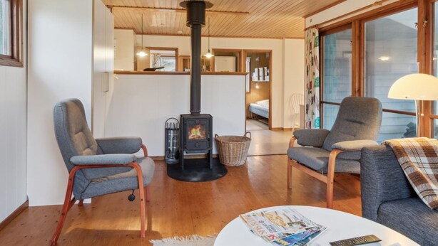 Een knusse woonkamer met een houtkachel, twee grijze fauteuils, een witte salontafel en een groot raam met uitzicht.