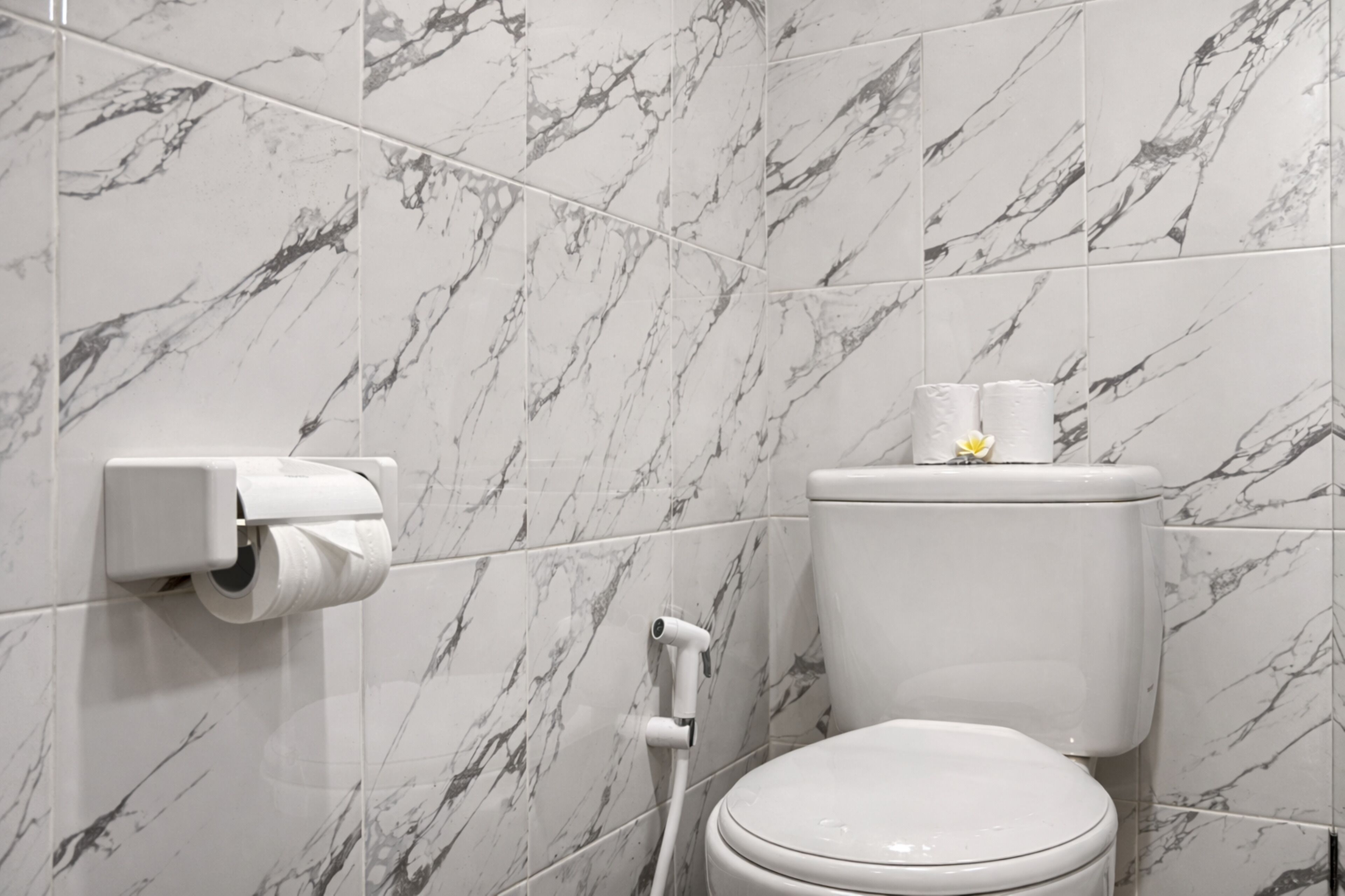 A bathroom with a toilet, marble-patterned tiles, a toilet paper holder, and a toilet paper roll.