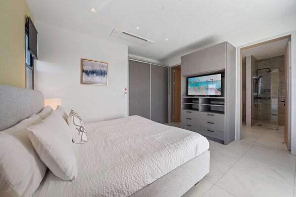 A modern bedroom with a large bed, a TV, a walk-in closet, and a shower area. - Wariruri 313 - Rooi Santo 31 (Noord)