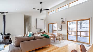 Tv, eldstad, böcker och datorskärmar