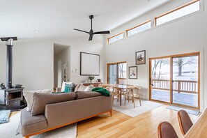 TV, fireplace, books, computer monitors