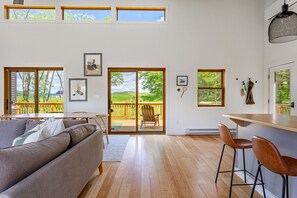 TV, fireplace, books, computer monitors