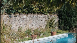 Piscina cercada por um muro de pedra e vegetação exuberante.