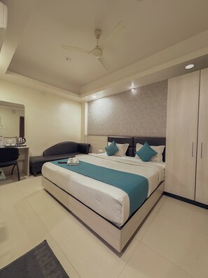 Desk, laptop workspace, blackout curtains, free WiFi