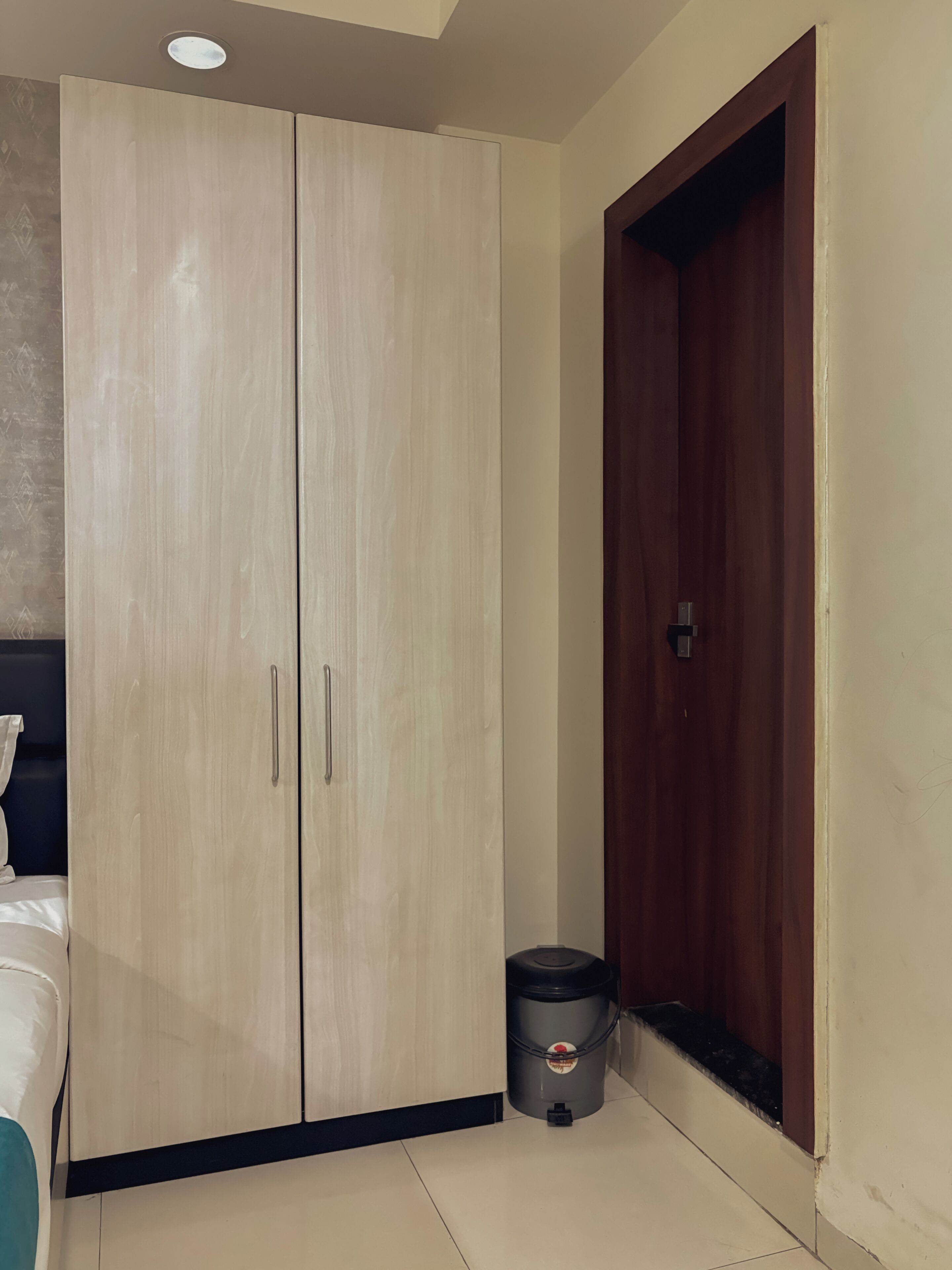 A bedroom with a wardrobe, a wooden door, and a trash bin.