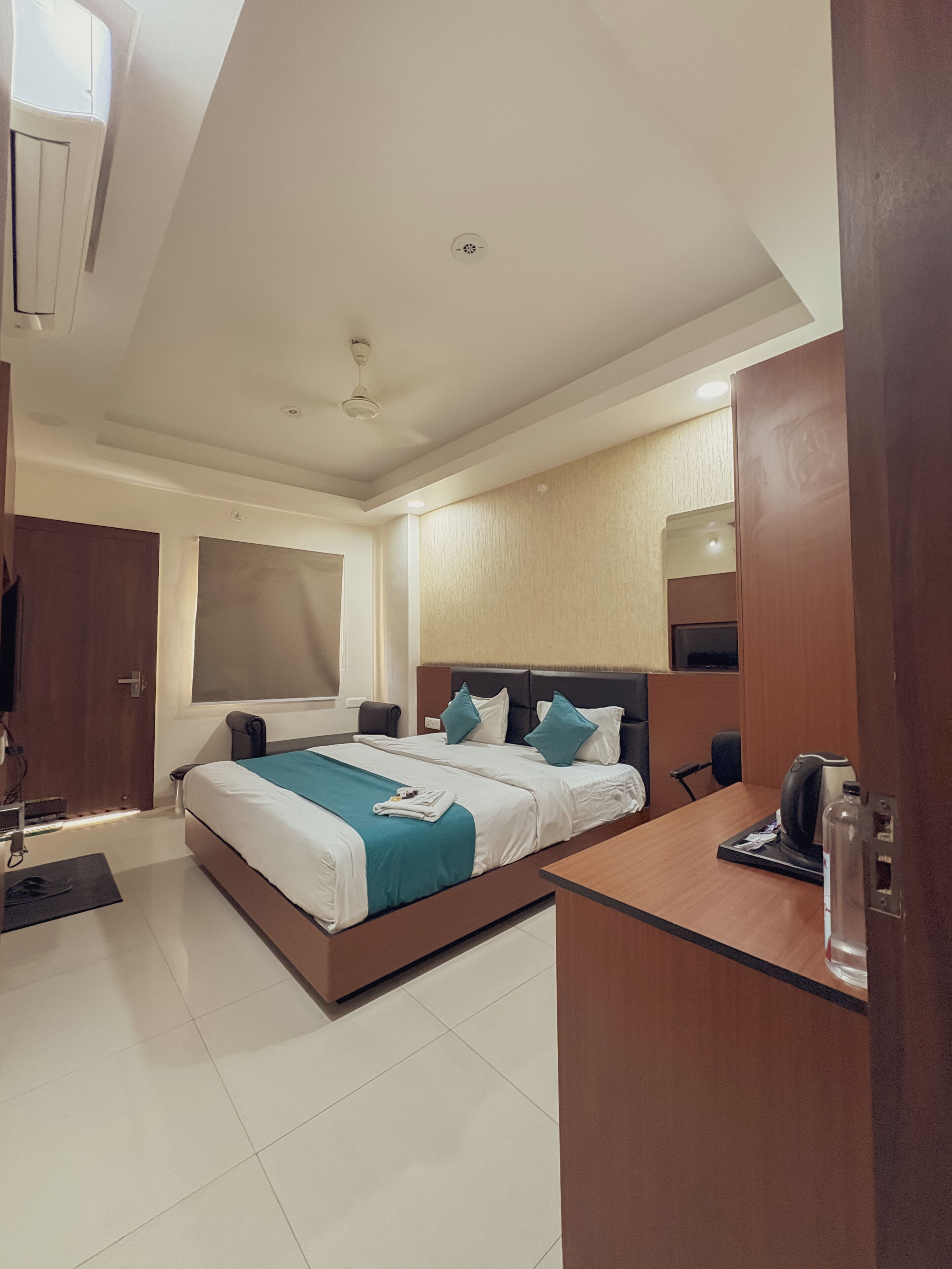 Desk, laptop workspace, blackout curtains, free WiFi