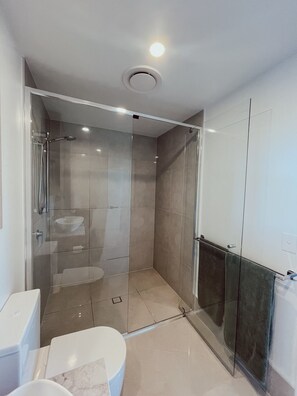Ducha, secador de pelo, toallas, jabón