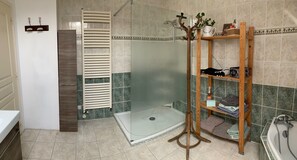 Hair dryer, towels, toilet paper