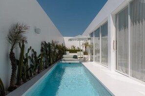 Un área de piscina moderna con piscina azul cristalina, paredes blancas y una fila de cactus.